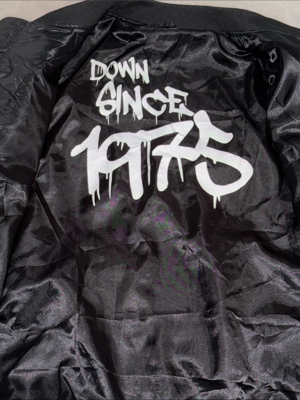 Members Only Black Bomber Jacket with White Graffiti Back Print